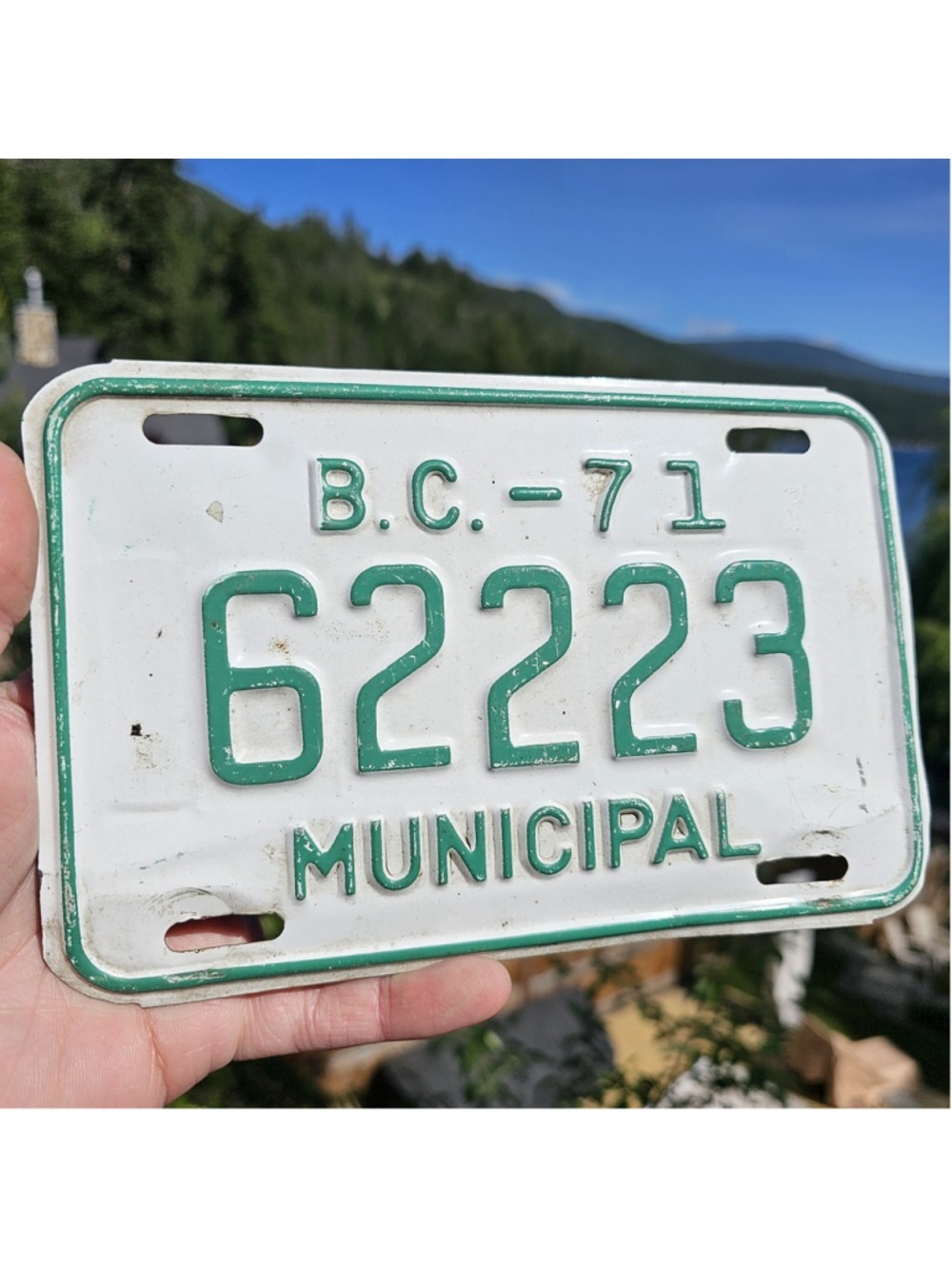 1971 British Columbia Canada Municipal License Plate BC 62223 Green White...